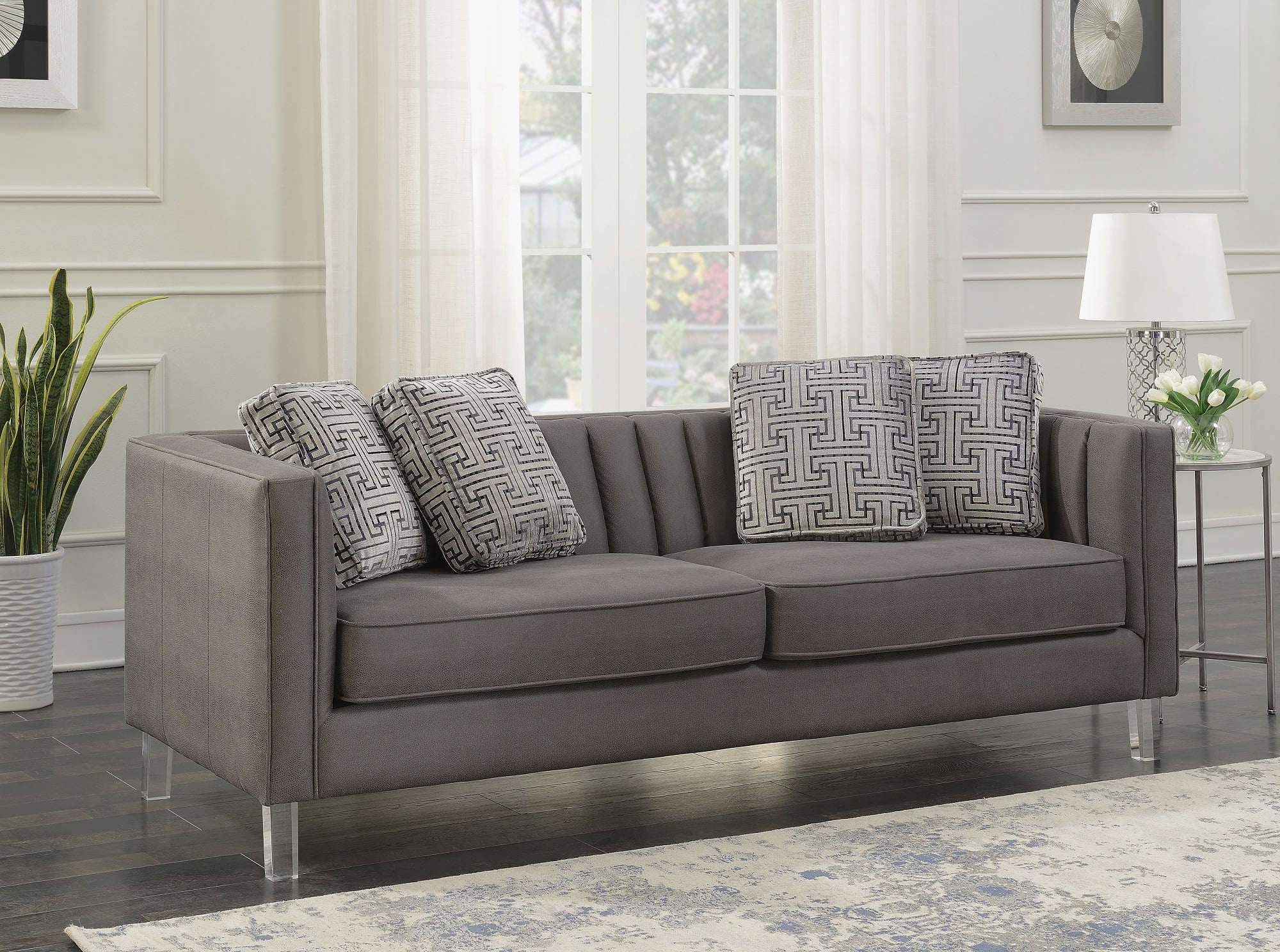 HomeFare Chic Acrylic Leg Iron Channeled Sofa Grey