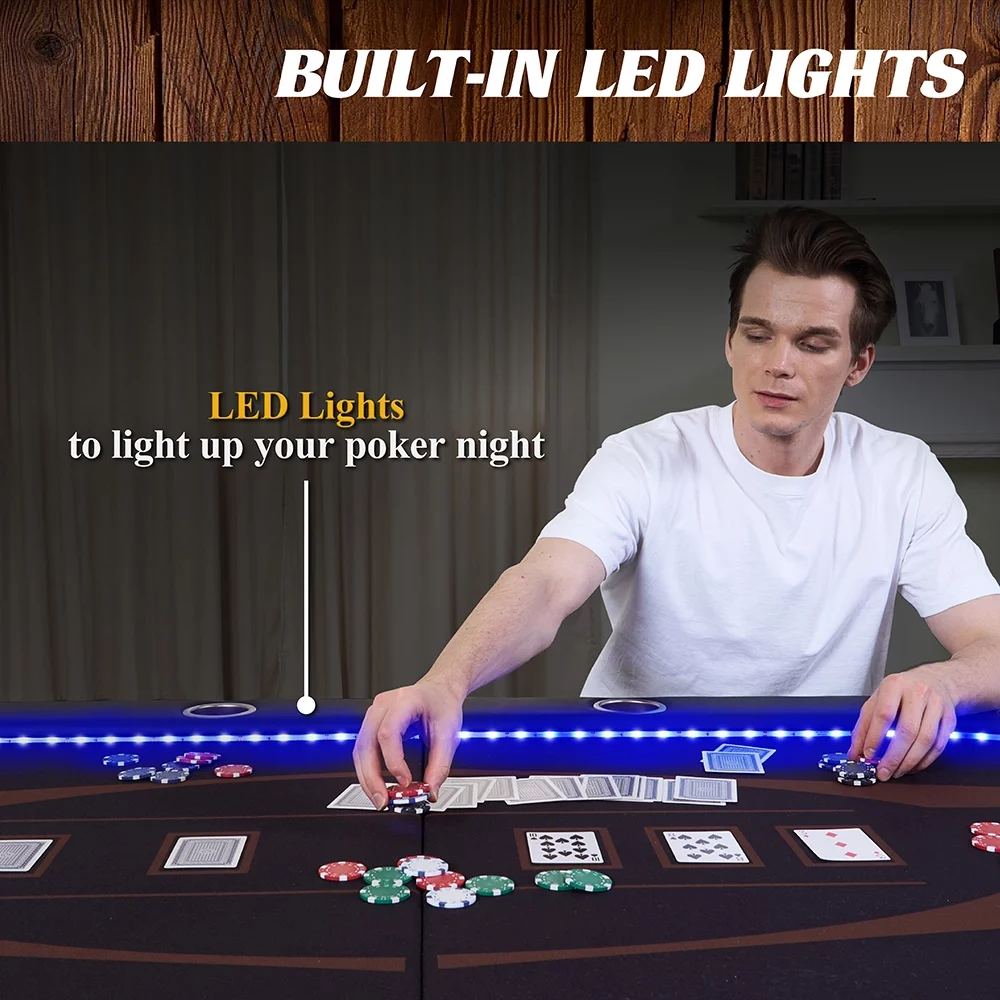 Barrington 10-Player Poker Table with In-laid LED Lights, Brown and Black