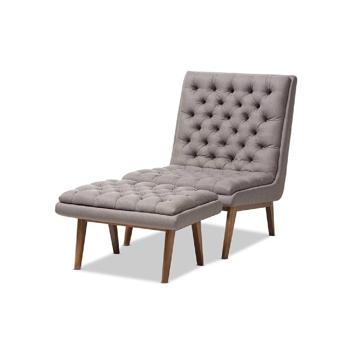 Annetha Mid-Century Modern Grey Fabric Upholstered Walnut Finished Wood Chair And Ottoman Set