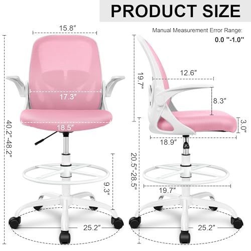 Primy Drafting Chair Tall Office Chair with Flip-up Armrests Executive Ergonomic Computer Standing Desk Chair with Lumbar Support and Adjustable Footrest Ring (Black)