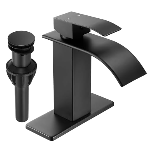 Fransiton Tall Vessel Sink Faucet Matte Black Faucet for Bathroom Sink Tall Waterfall Bathroom Faucet Single Handle 1 or 3 Hole Wash with Pop-up Drain