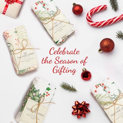 The Fine Living Co. 100% Cotton Merry Christmas Kitchen Towels, 18'x28' Set of 2 (Cherry Red & Green)