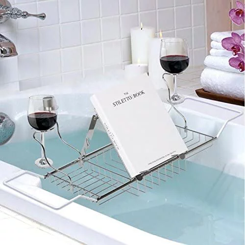 Bathroom Trays with Reading Rack and Wine Glass Holder Bathtub Caddy with Candle Holder