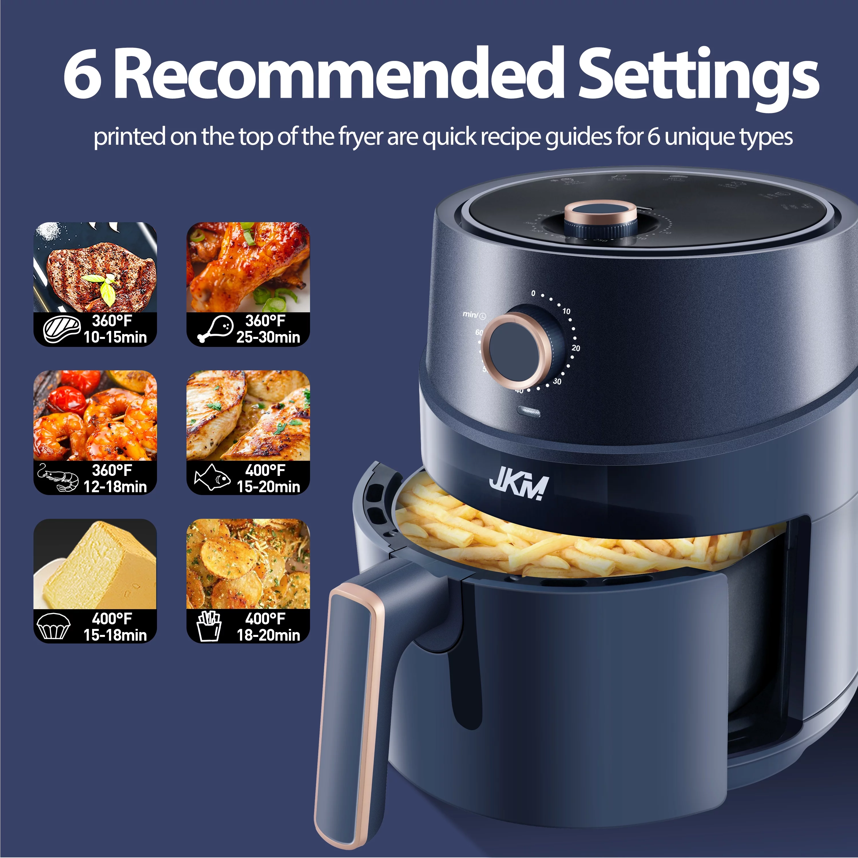 JKM Air Fryer 4.7 Quart, mechanical Air Fryer Oven, Adjustable Timer & Temp, No Oily Smoke Frying Cooking, Auto Shut Off, 1500W, Navy Blue