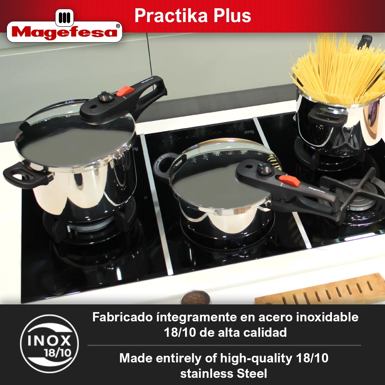 MAGEFESA ® Practika Plus Super Fast pressure cooker, 3.3 Quart, 18/10 stainless steel, suitable induction, excellent heat distribution, 5-layer encapsulated heat diffuser bottom, 5 safety systems