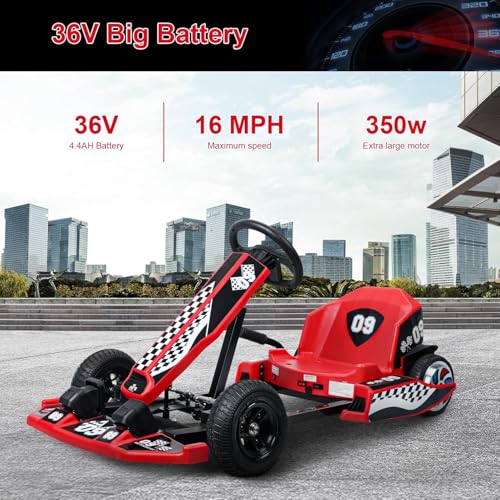 36V Go Kart for Kids, 16 MPH Electric Drift Kart with 350W Motor, Drift/Sport Mode, Length Adjustment, Outdoor Ride on Toy for Adults, Teens