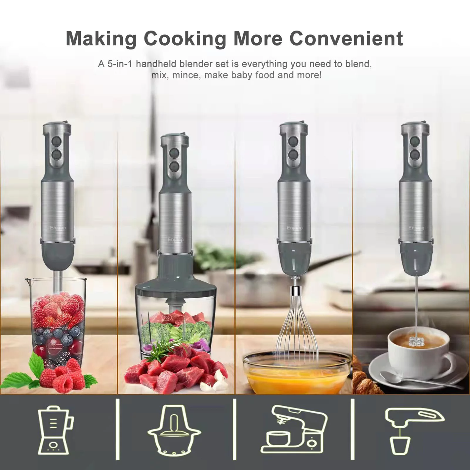 Electric Stirrer by OWSOO-5-in-1 Multifunctional Handheld Blender, 6 Speeds