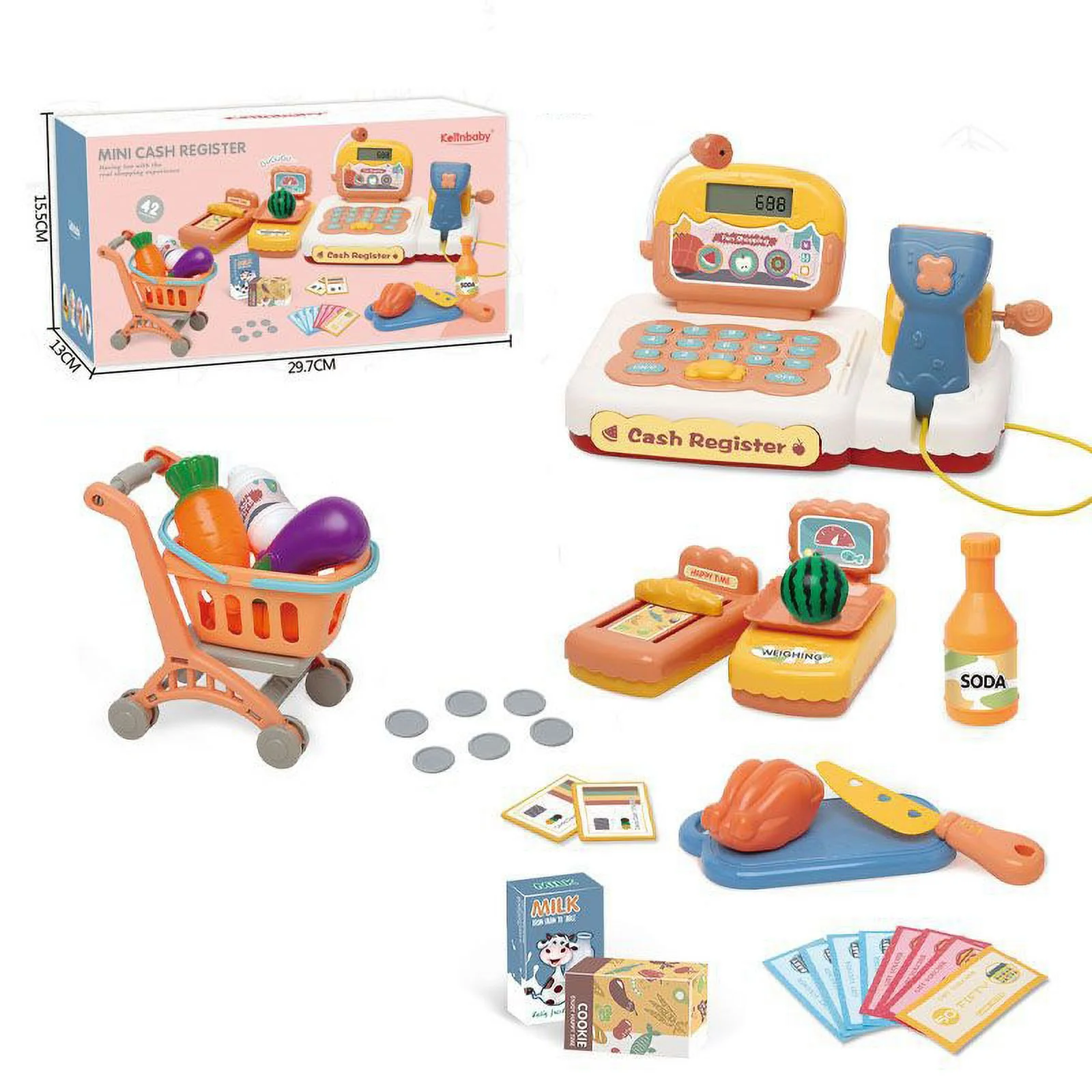 VATENICK Kids Toy Cash Register with Scanner, Play Food, Pretend Play Money Electronic Calculator Realistic Children's Supermarket Cashier Gifts for Toddlers Boys Girls