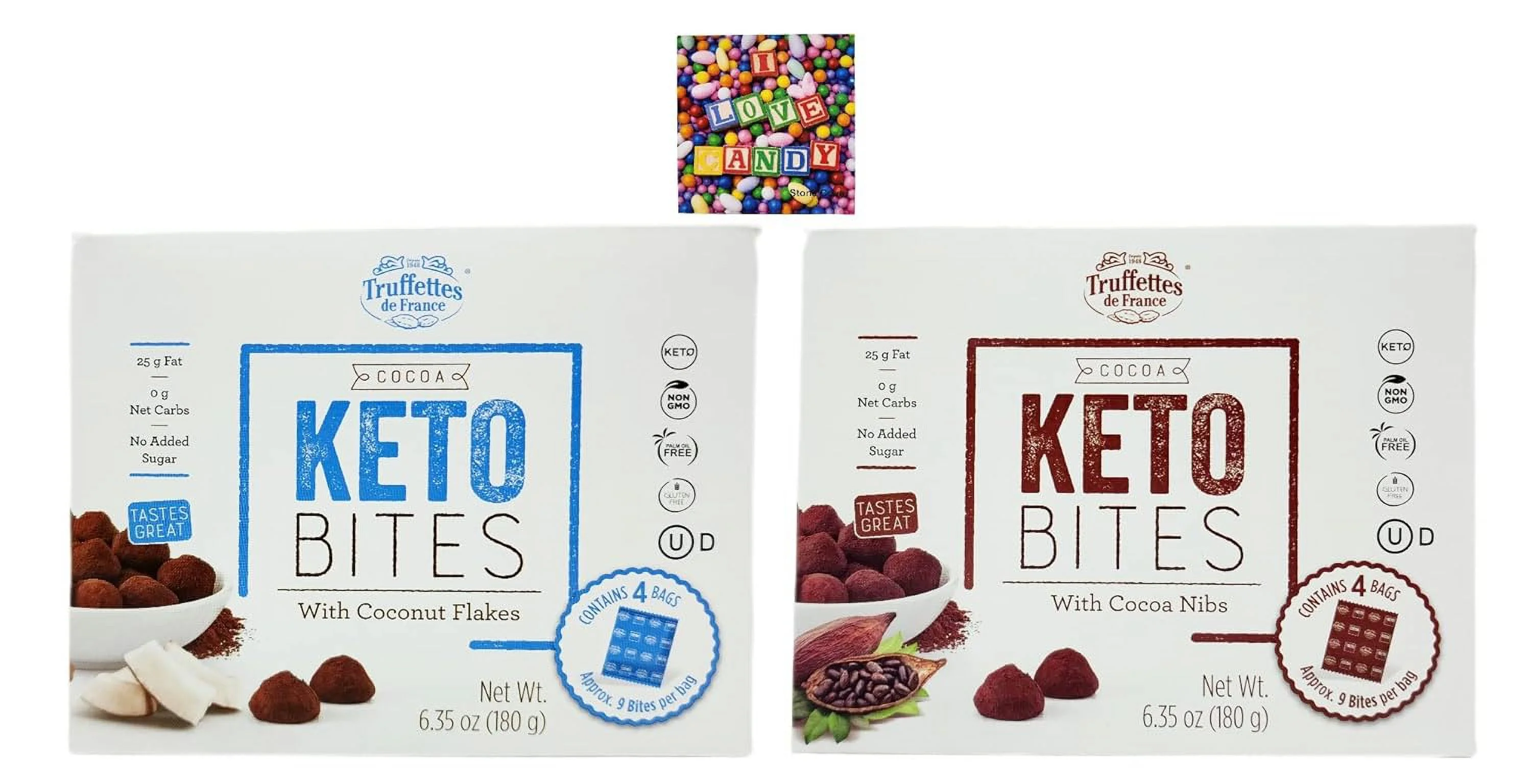 Gluten Free Truffettes de France Cocoa Keto Bites Budle - Includes Coconut Truffles and Cocoa Truffles - 4 Snack Bags Per Box - 8 Total - Comes with  Fridge Magnet