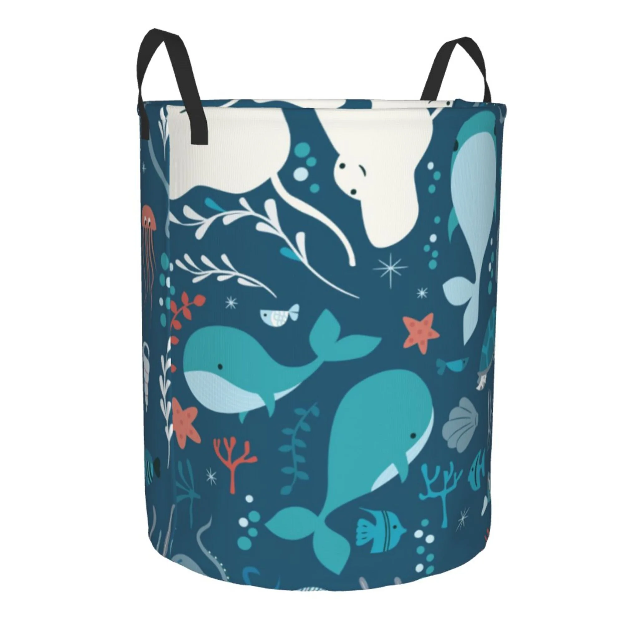 XMXY Round Laundry Basket Organizer, Sealife Fish Whale Waterproof Collapsible Dirty Clothes Basket Laundry Hamper, Medium Size