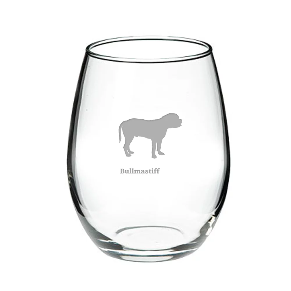 Bullmastiff Deep Etched Stemless Red Wine Glass