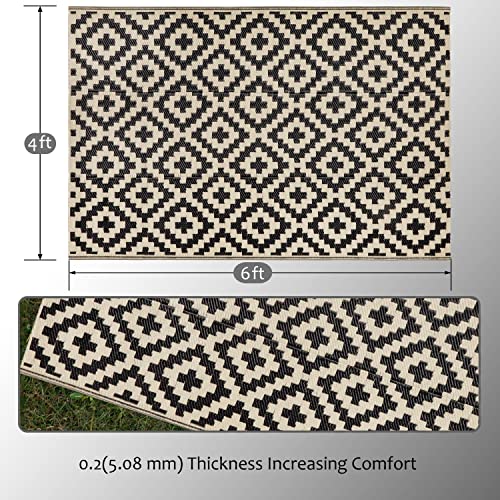 SAND MINE Waterproof Outdoor Rug 5x8 ft, Plastic Reversible Rug, Modern Area Rug, Large Floor Mat for Outdoors, RV, Patio, Backyard, Deck, Picnic, Beach, Camping, Black & Beige
