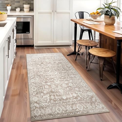 8x10 Area Rugs for Living Room, Stain Resistant Washable Rugs for Dining Room, Kitchen, Floral Vintage Non-Slip Thin Large Beige Rug