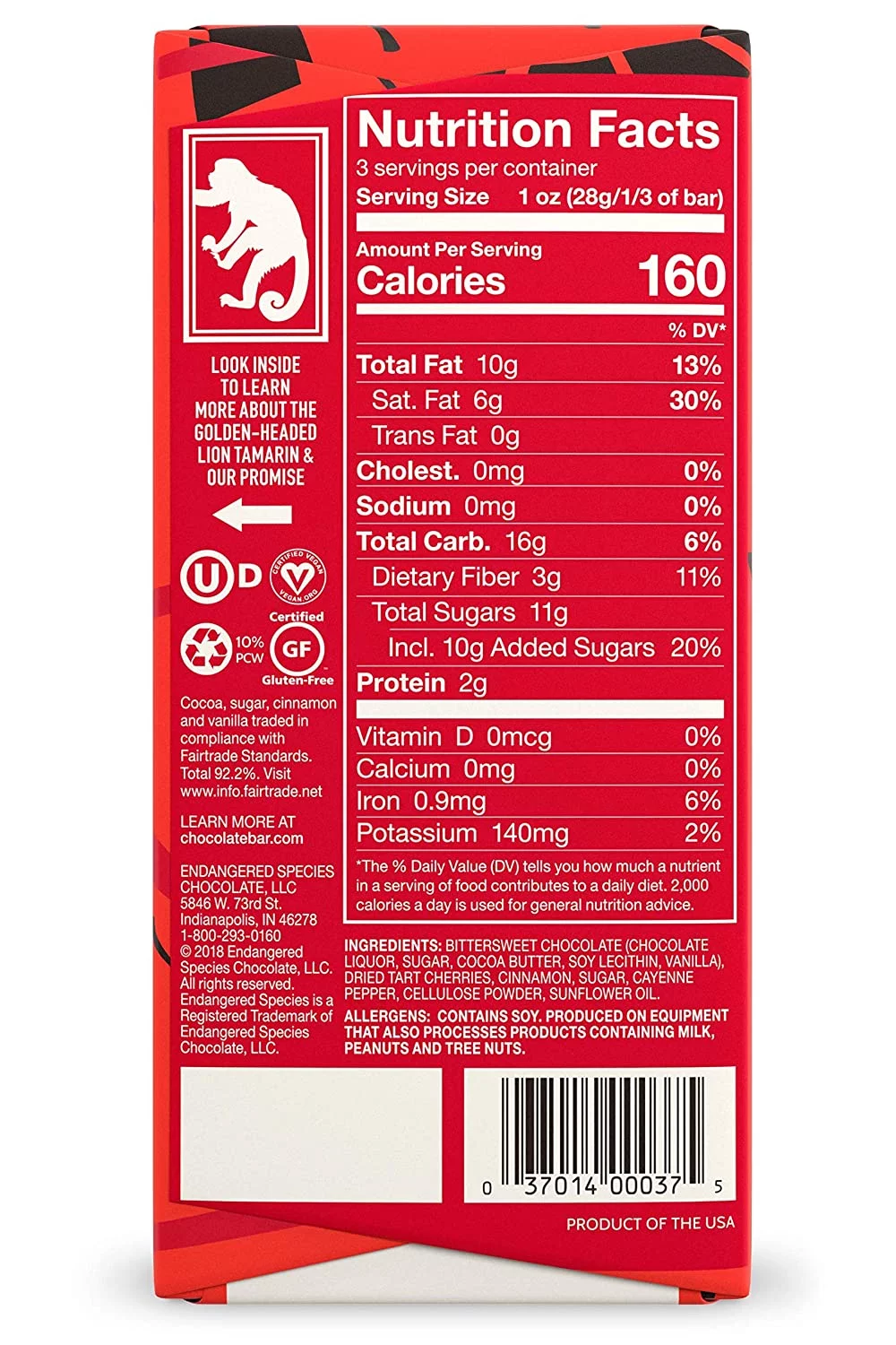 Endangered Species Natural Dark Chocolate Bar with Cinnamon Cayenne and Cherries, 3 Ounce | Pack of 12