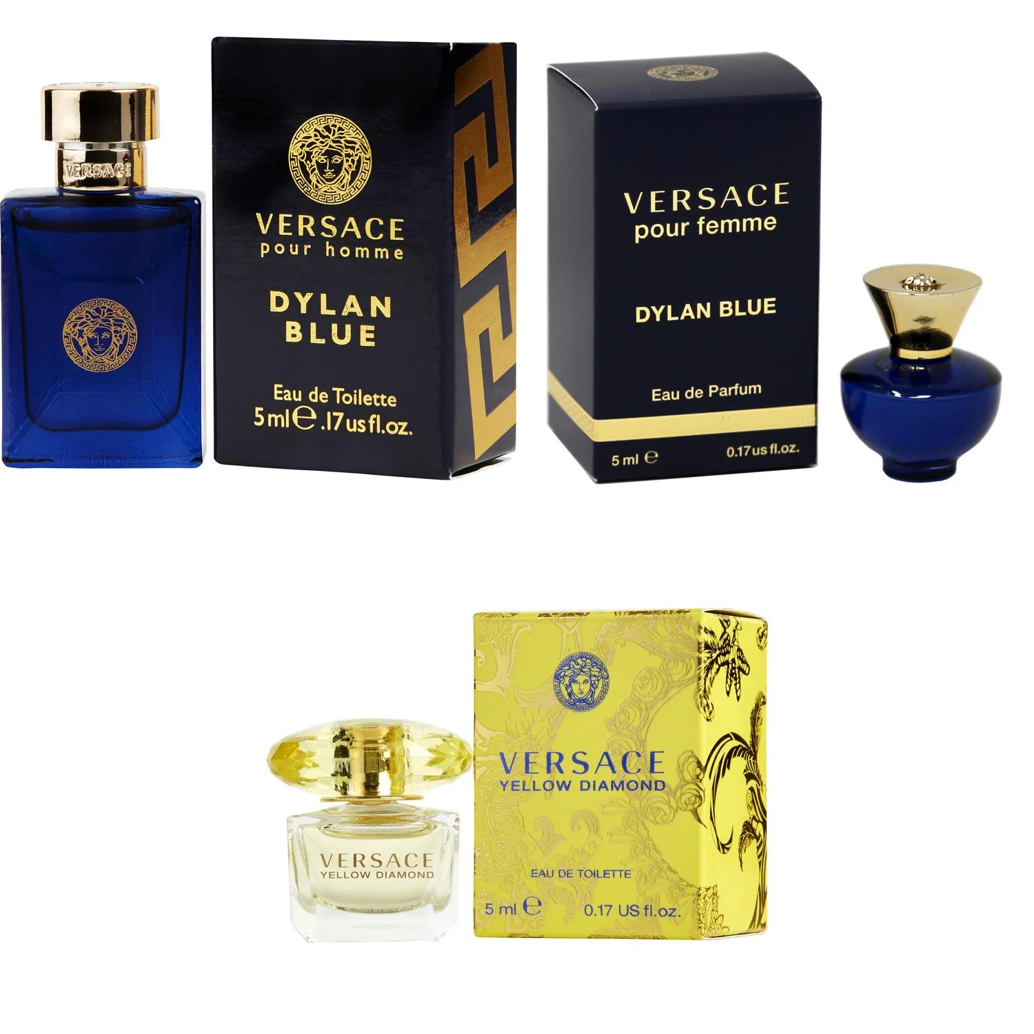 Versace Dylan Blue EDT, Dylan Blue Femme EDP, Yellow Diamond  EDT - 5ml 3PK Kit