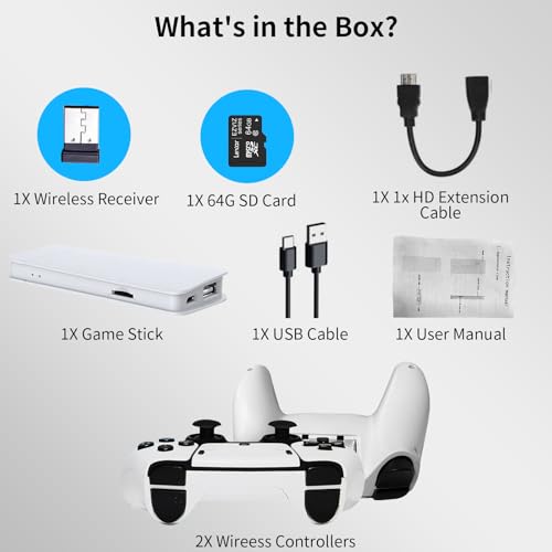 Vergissm Wireless Retro Game Console, Retro Game Stick, Built-in 20000+ Classic Games, Retro Gaming Console with 64GB TF Card, 4K, HDMI Output, Game Console with Dual 2.4G Wireless Controllers