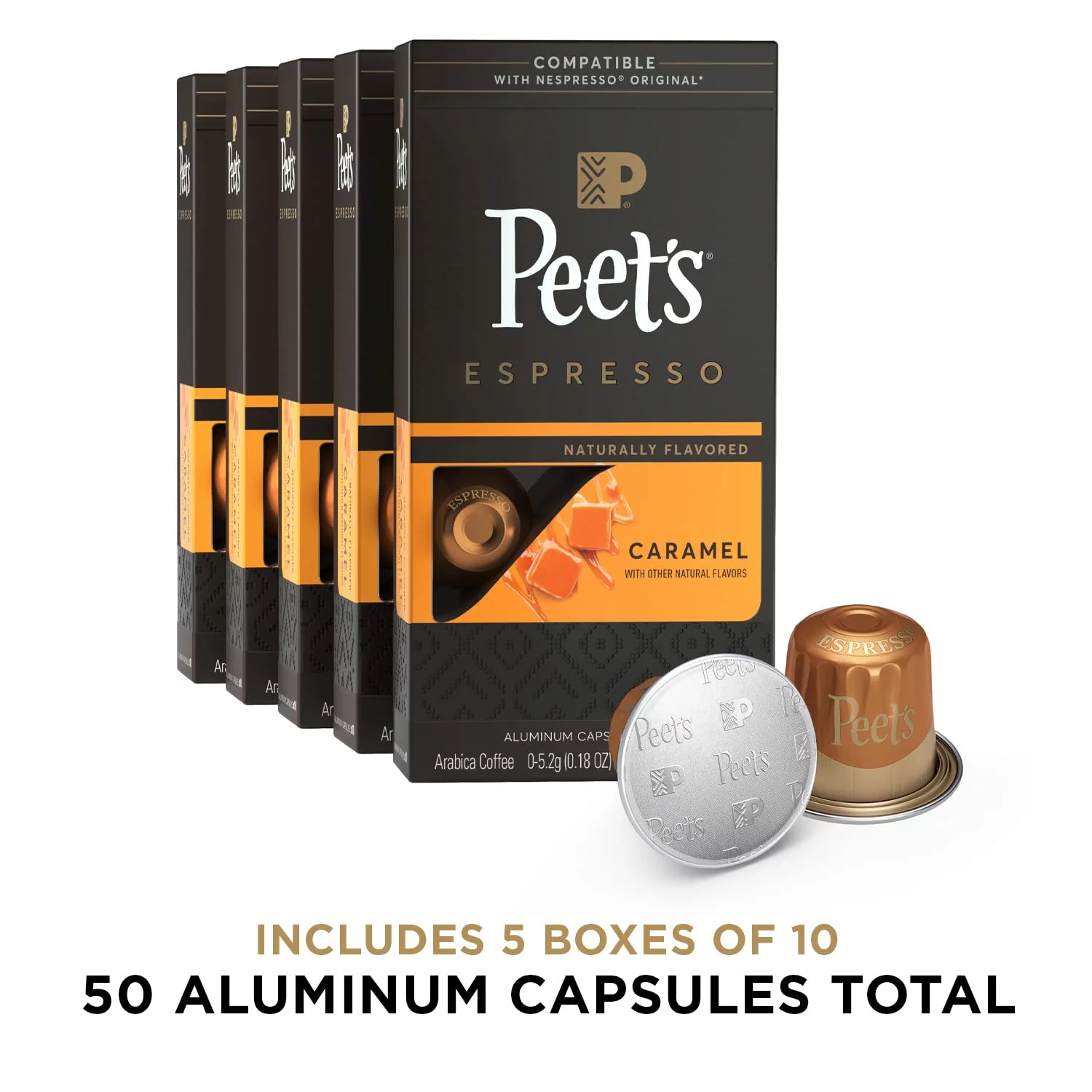 Indulge in the Rich Delights of Peet's Coffee Dark Roast Espresso Pods - Nespresso Original Compatible - Captivating Caramel Flavor - 50 Pods (5 Boxes of 10)!.