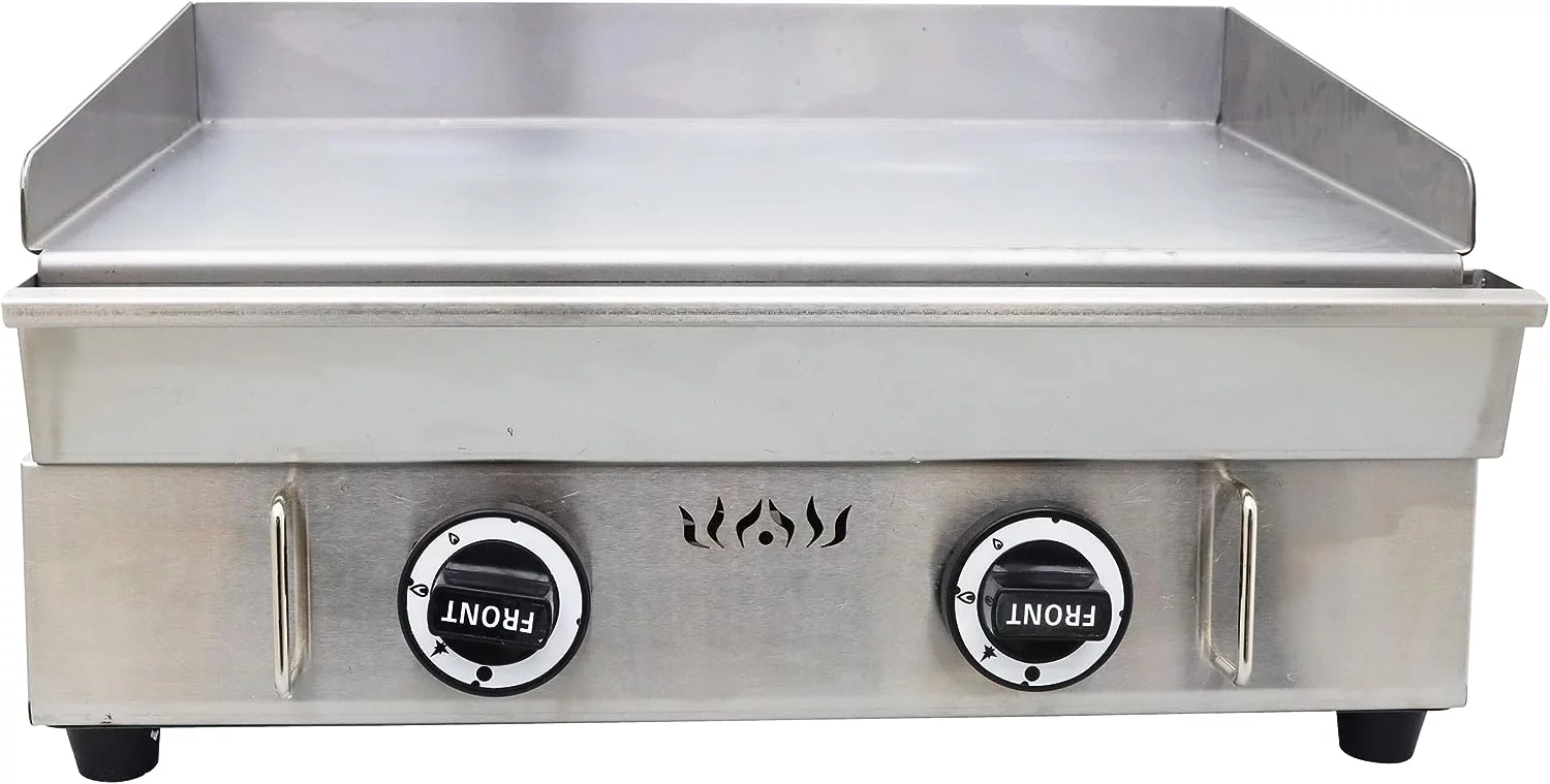 EQCOTWEA LPG Gas Grill Countertop Flat Griddle Hot Plate BBQ 2 Burner for Commercial Restaurant Kitchen Camp Stainless Steel