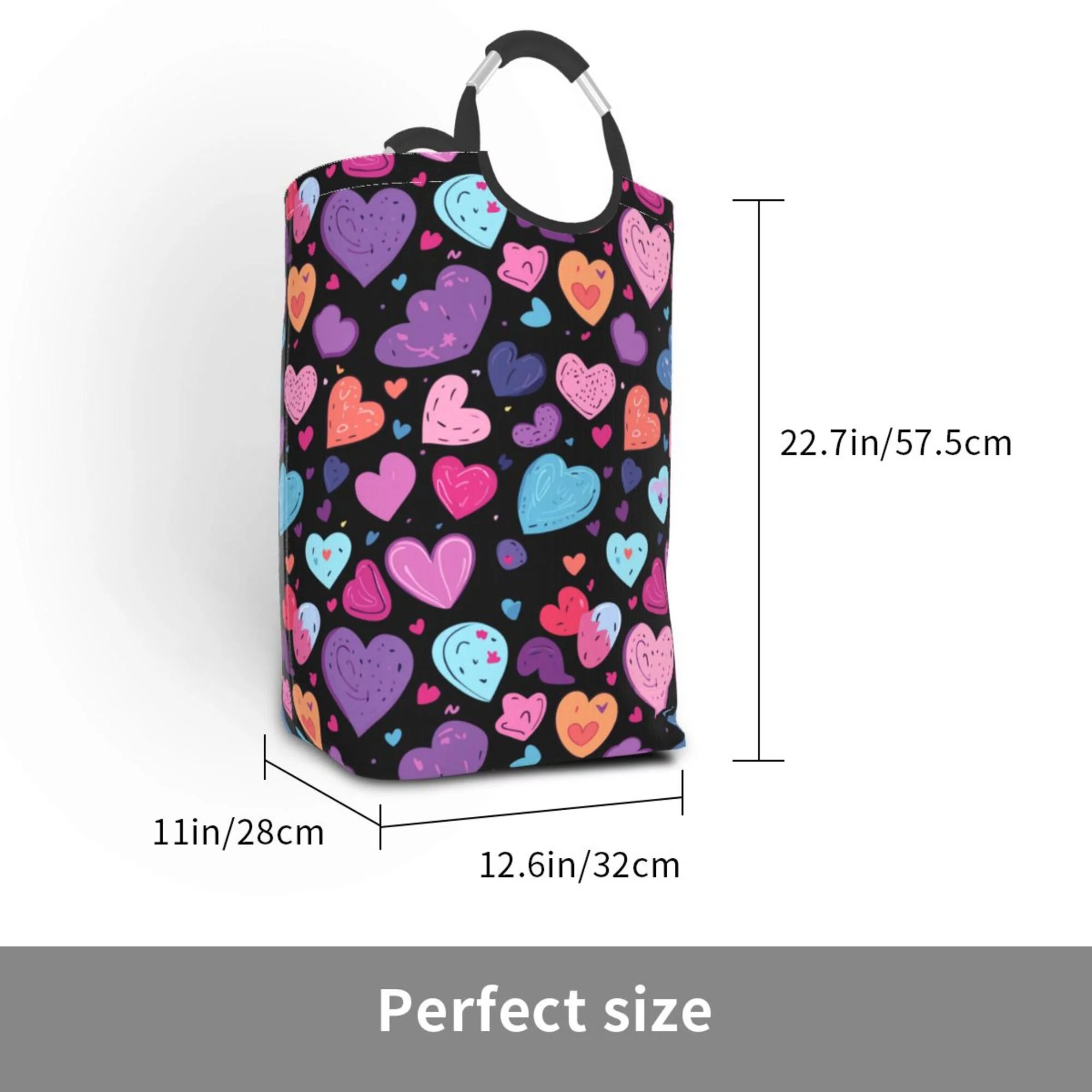 TEQUAN 50L Large Rectangular Laundry Hamper with Aluminum Handles, Valentine Purple Hearts Love Prints Waterproof Foldable Dirty Clothes Basket