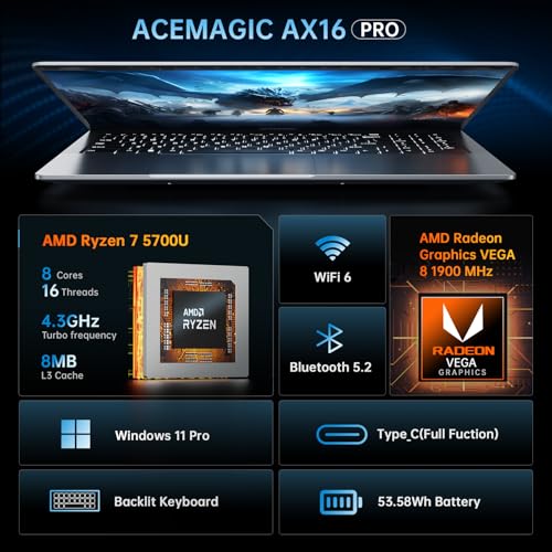 ACEMAGIC 2025 Gaming Laptop, 16.1inch Laptop Computer with AMD Ryzen 7 5700U Series(8C/16T, Up to 4.3GHz), 16GB RAM 512GB NVMe SSD Windows 11 Laptop, Radeon RX Vega 8 Graphics,WiFi 6, Backlit KB