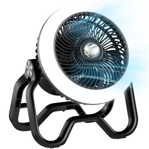 Portable Rechargeable Camping Fan with LED Lantern-40Hrs, Battery Operated Oscillating Fan with Remote, 3 Speeds for Tents, Outdoor, RV, Outage（Black）