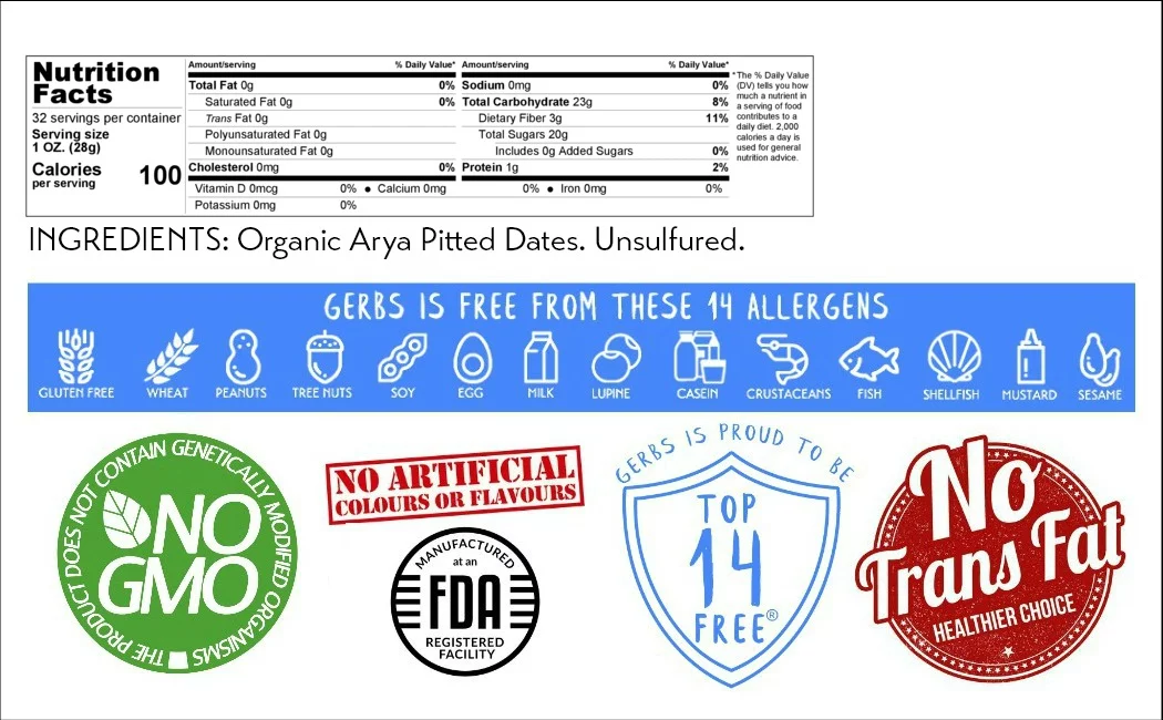 GERBS Dried Araya Dates 2 LBS. Pitted | Freshly Dehydrated Resealable Bulk Bag | Top Food Allergy Free | Sulfur Dioxide Free | High Fiber, Natural Sweetener & Antioxidant rich | Gluten & Peanut Free