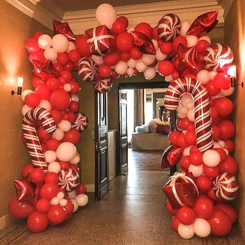 Bonropin Christmas Balloon Arch Kit - Red White Balloons, Candy Balloons, Red Star Foil Balloons, Candy Cane Foil Balloons, Box Foil Balloons for Xmas Balloon Garland Kit Christmas Party Decorations