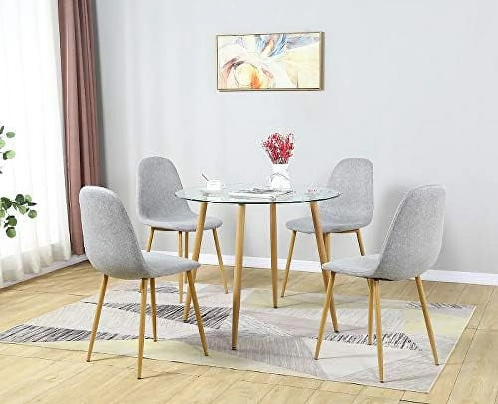 TJUNBOLIFE 5 Pieces Dining Table Set for 4  Round Glass Dining Table and Fabric Chairs with Metal Legs  Modern Table and Chairs for Dining Room and Kitchen
