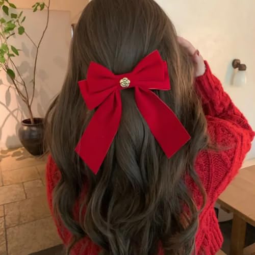 Large Velvet Hair Bow Clip with Metal Rose Accent, Pack of 2, Red