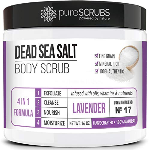 pureSCRUBS Premium Eucalyptus Body Scrub Set - Large 16oz Dead Sea Salt Body Scrub With Infused Essential Oils & Nutrients, Includes Wooden Spoon, Loofah & Oatmeal Exfoliating Bar Soap