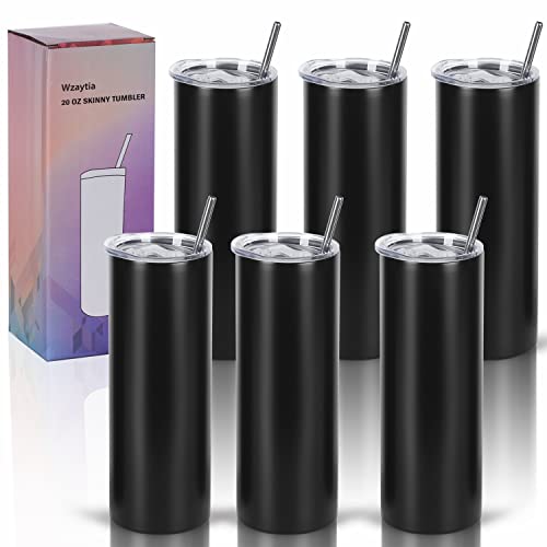 20 Oz Stainless Steel Straight Skinny Tumbler Set (8 Pack), Insulated Slim Thin Travel Cup with Lid, Black