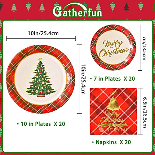 Gatherfun Christmas Party Supplies Christmas Tree Red Plaid Disposable Paper Dinner Plates Dessert Plates and Napkins for Party decorations, Serve 50