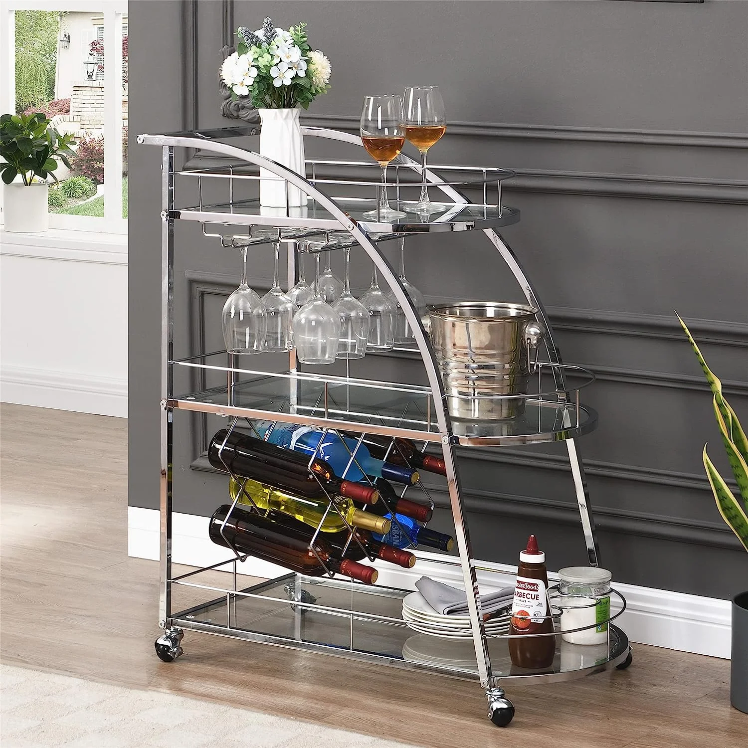 Industrial Mobile Bar Cart Serving Wine Cart with Wheels & Wine Rack, 3-Tier Metal Frame Kitchen Island Cart Mini Bar Cabinet Bar Carts for The Home, Club, Kitchen, Living Room(Gold)