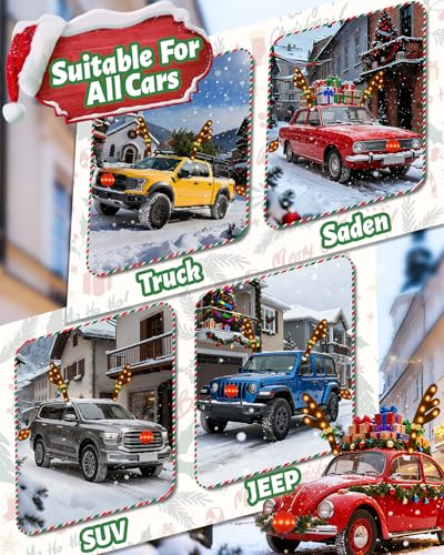 Christmas Reindeer Antlers Car Decoration Kit 2025, LED Lights Nose Vehicle with Jingle Bells Rudolph, Cute Costume Auto Holiday Accessories for SUV Van Truck Decor Multicolor