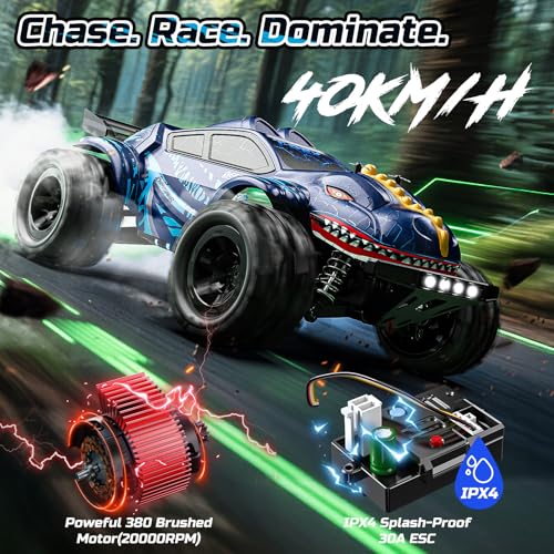 DEERC 9308E 1:16 All Terrain Fast RC Monster Truck 40 KPH RC Cars for Boys Age 8-12,4WD High Speed Dinosaur Truck,2.4Ghz Off-Road Remote Control Cars with 2 Batteries 2 car Shell, Toy Gift for Kids