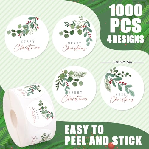 Whaline 1000 Pcs Merry Christmas Stickers Roll Xmas Holly Berry Mistletoe Self-Adhesive Seal Decals for Small Business Scrapbook Journal Envelope Winter Holiday Decor, 4 Designs