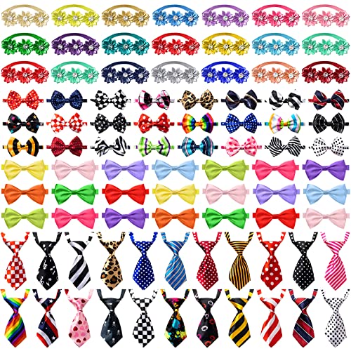 Chumia 100 Pcs Adjustable Dog Ties Set Includes 50 Bow Ties 25 Neckties 25 Flower Neck Tie Assorted Bowtie Collar Grooming Accessories for Medium Large Dog Cat Birthday Festival Holiday Party