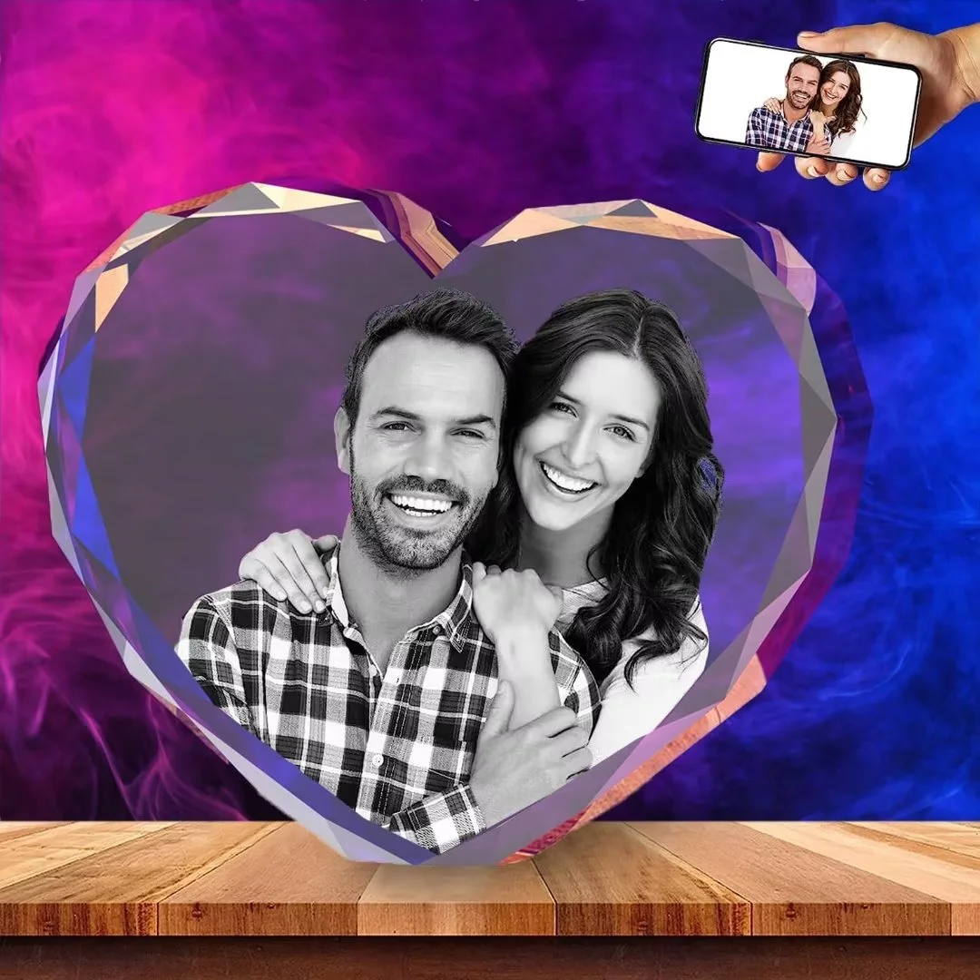 AISENIN 3D Crystal Photo Heart Shape Glass Engraved Crystal Gift Personalized Gift for Wedding Birthday Christmas Customized Engraved Crystal Etched Writing Without LED Base