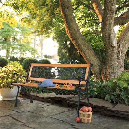 Outvita 49.5in Garden Bench, Deck Hardwood Seat and Metal Armrest Park Bench for Patio Front Porch Path Yard Lawn Poolside (Rose)