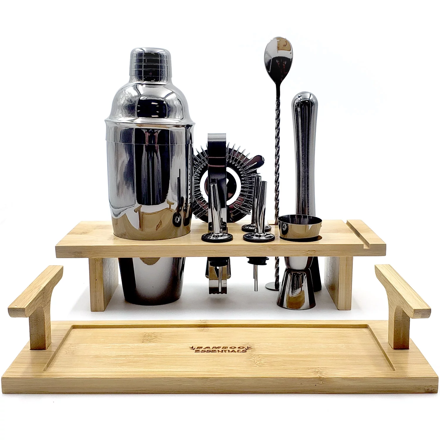 Bamboo Essentials 10-Piece Bartender Kit, Complete Bar Tool Set with Stylish Bamboo Stand, Home Bartending Kit, Martini Cocktail Shaker Set For an Awesome Drink Mixing Experience, Perfect Gift