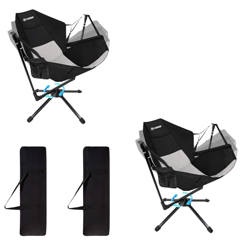 2PCS 360 Degrees Swing Camping Chair, Portable Rocking Camping Chair with Swivel and Reclining Design, Supports 300lbs, Ideal for Camp, Travel and Beach (Black Gray)