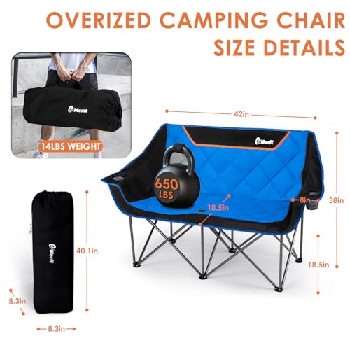 EMERIT Oversized Double Duo Camping Chair Folding Camping Loveseat 2 Person Camping Couch Heavy Duty Lawn Chairs for Outside with Padded Seats & Armrests-Support 650LBS