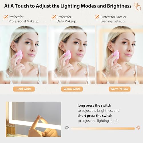 ANWBROAD Vanity Desk Table with Lighted Mirror 39.4“ Girls Makeup Vanity with Power Outlet 3 Colors Lighting Adjustable Brightness Vanity Table for Bedroom Dressing Room White UBDT65W