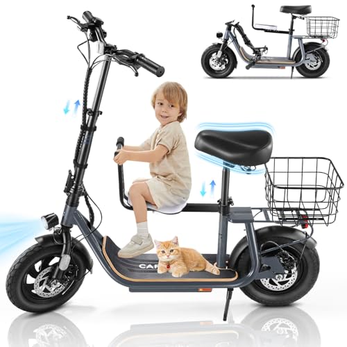 Caroma Peak 500W/800W/1200W Electric Scooter with Seat, 30 Miles Max Range Electric Scooter Adults&Teens, 48V Large Battery, 20MPH Top Speed Foldable Ebike, Adjustable E-Bike with Basket&Kid Seat
