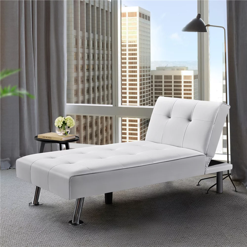 Easyfashion Convertible Faux Leather Futon Chaise Lounge, White