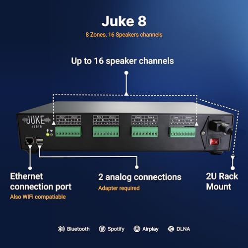Juke-8: 8 Zone Multi-Room Amplifier | Stream Wirelessly via Airplay 2, Spotify Connect, Bluetooth, DLNA | App Controlled Audio System