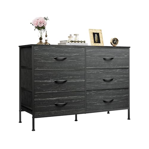 WLIVE Wide Dresser with 6 Drawers, TV Stand for 50 Inches TV, Entertainment Center with Metal Frame, Wooden Top, Fabric Storage Dresser for Bedroom, Hallway, Entryway, Black and Rustic Brown