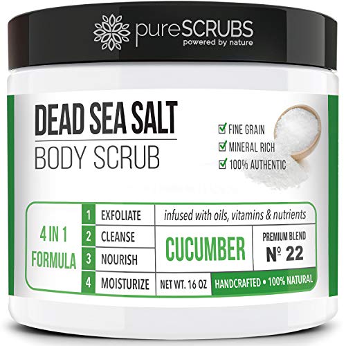pureSCRUBS Premium Eucalyptus Body Scrub Set - Large 16oz Dead Sea Salt Body Scrub With Infused Essential Oils & Nutrients, Includes Wooden Spoon, Loofah & Oatmeal Exfoliating Bar Soap