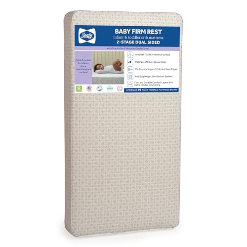 Sealy Baby Firm Rest Antibacterial Breathable Crib Mattress, Made in USA, GREENGUARD Gold Certified, 204 Steel Coils, 2 Stage, Toddler Bed Fit, Waterproof, Non Toxic, Safety & Quality Tested, 52x28