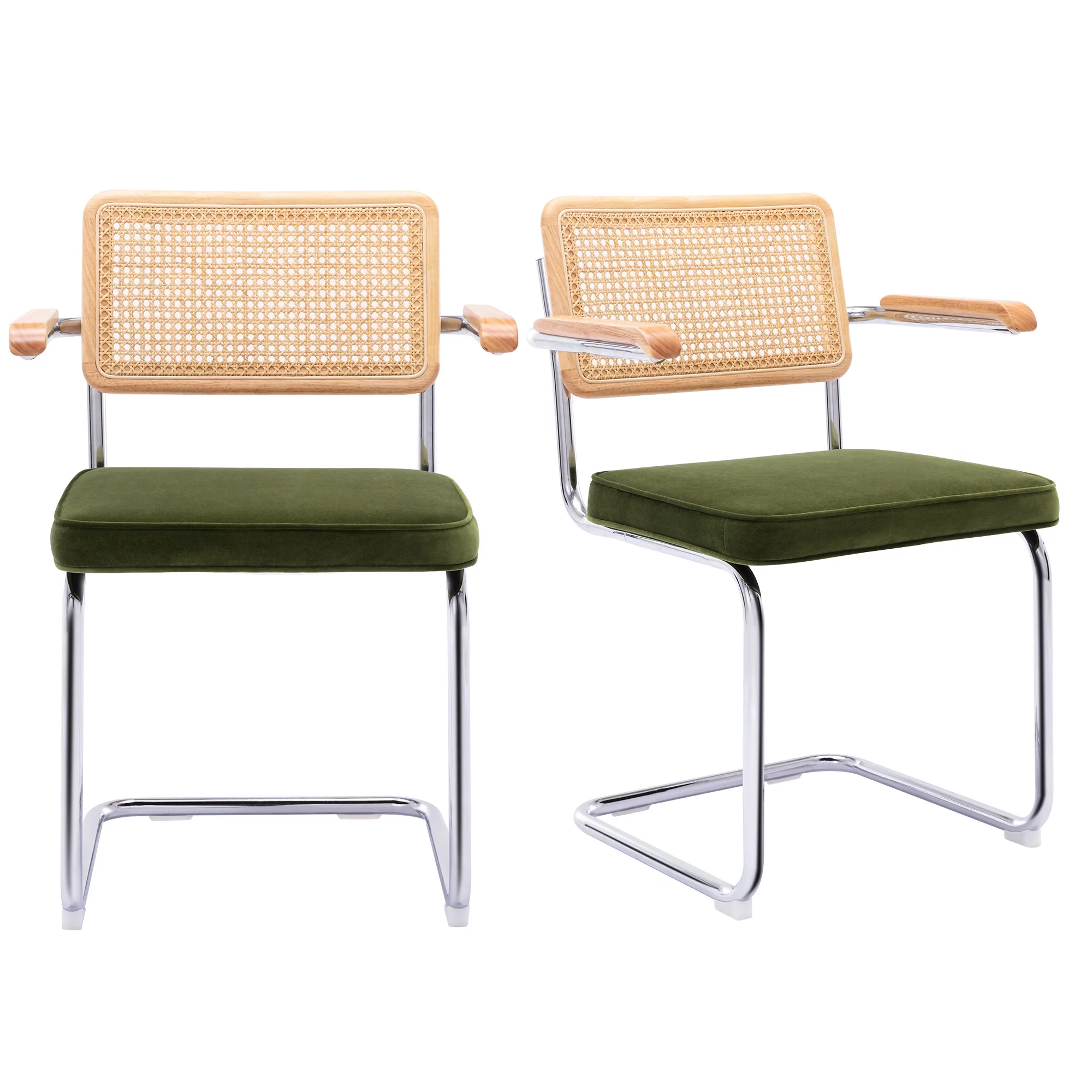 Zesthouse Mid-Century Modern Rattan Dining Chairs Set of 2, Velvet Upholstered Kitchen Arm Chair with Cane Back and Chrome Legs, Green